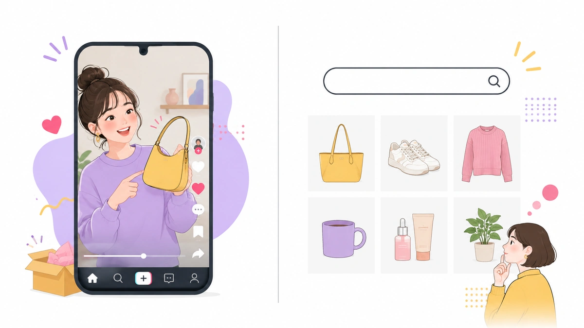 動画から商品を発見する買い方と検索して探す買い方の違いを表したイラスト