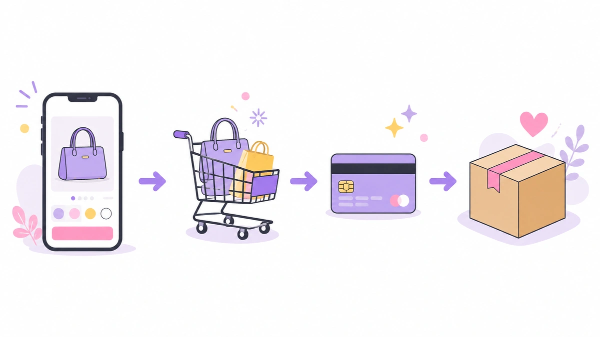 TikTok Shopで商品を選んで購入し配送される流れのイラスト