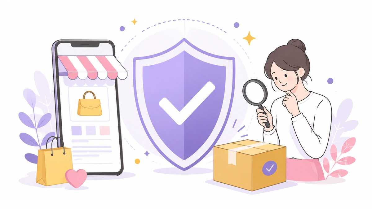 TikTok Shopでショップや商品を確認して購入するイメージのイラスト