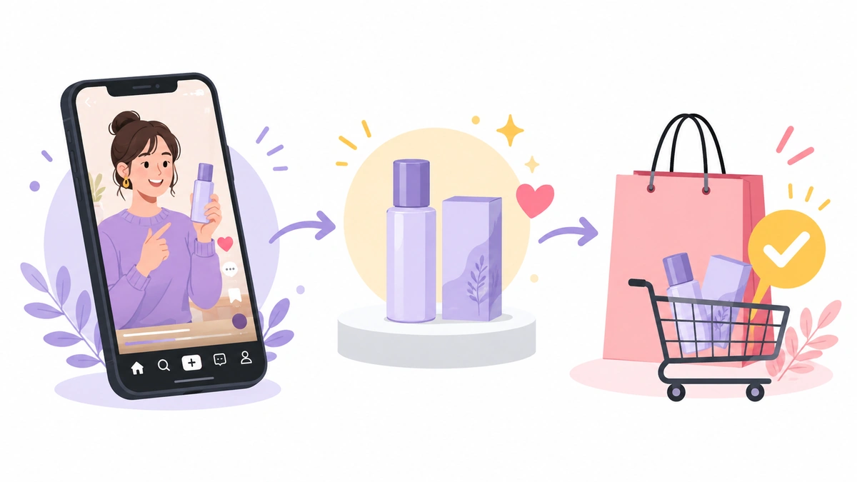TikTok Shopで動画から商品を発見して購入する仕組みのイラスト