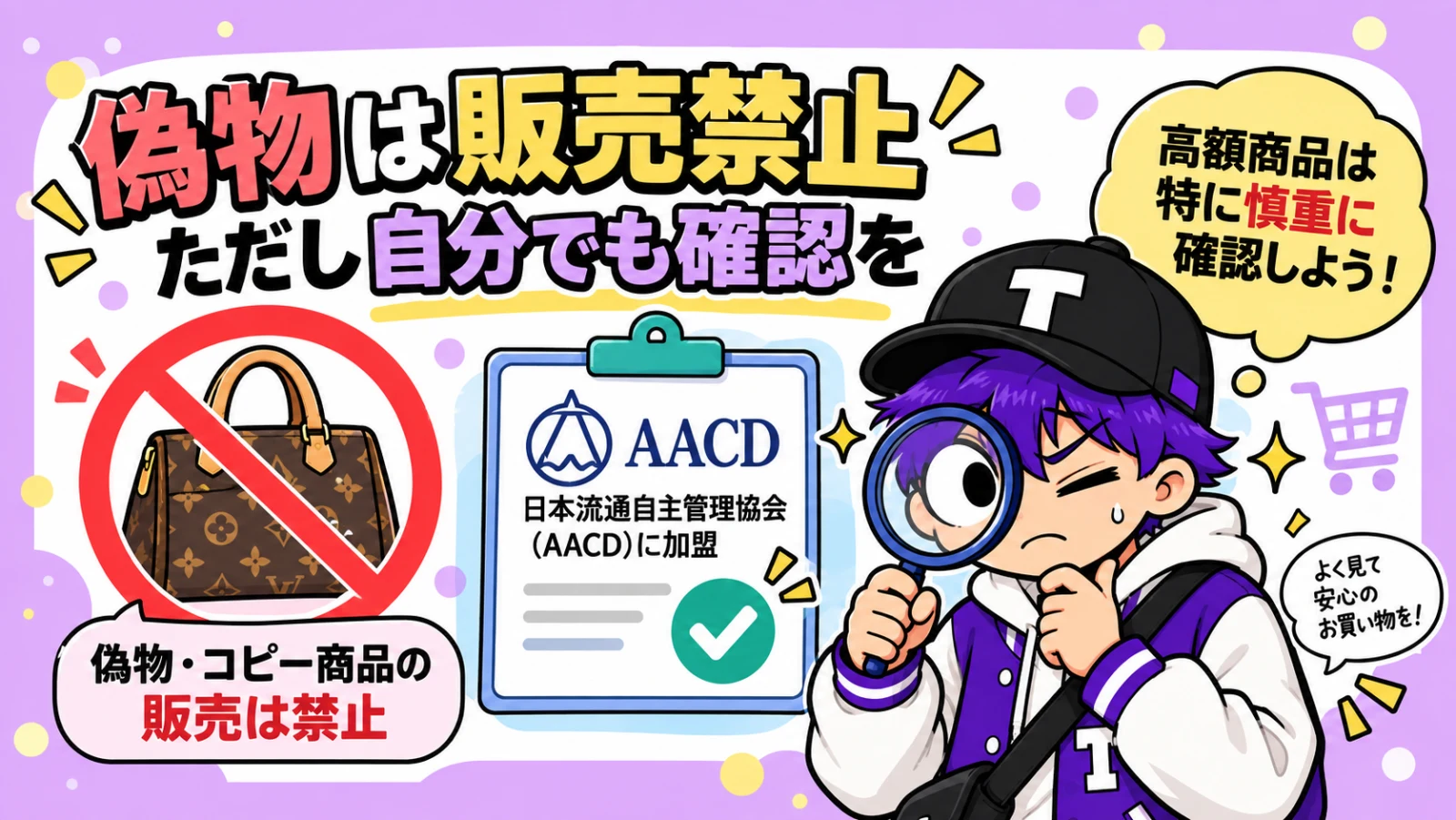 TikTok Shopの偽物対策と購入前確認の重要性を説明するイラスト