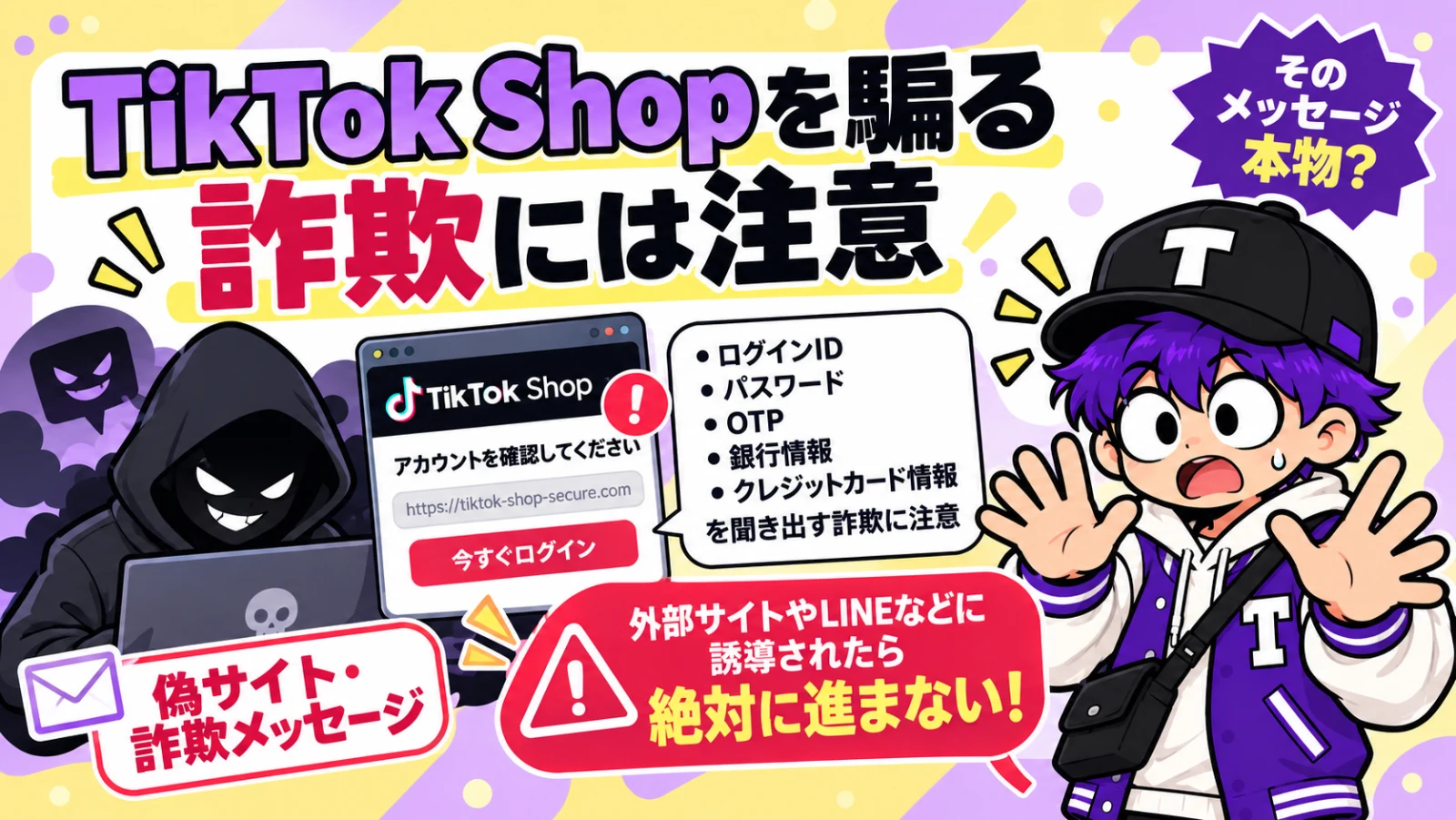 TikTok Shopを装う偽サイトや外部誘導詐欺への注意を説明するイラスト