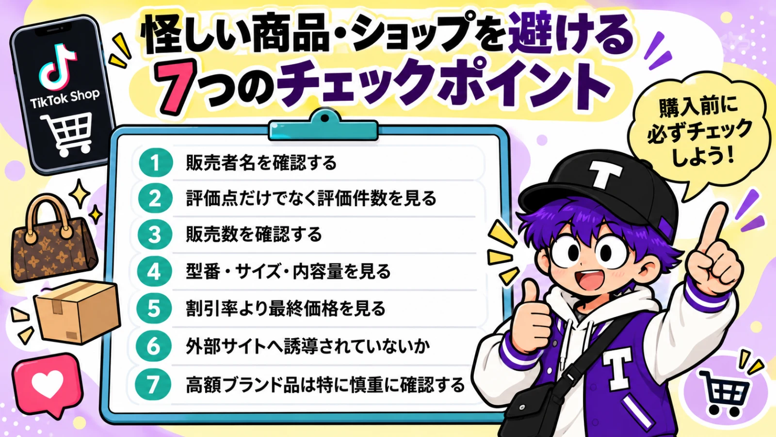 TikTok Shopで怪しい商品やショップを避けるためのチェックポイントを説明するイラスト