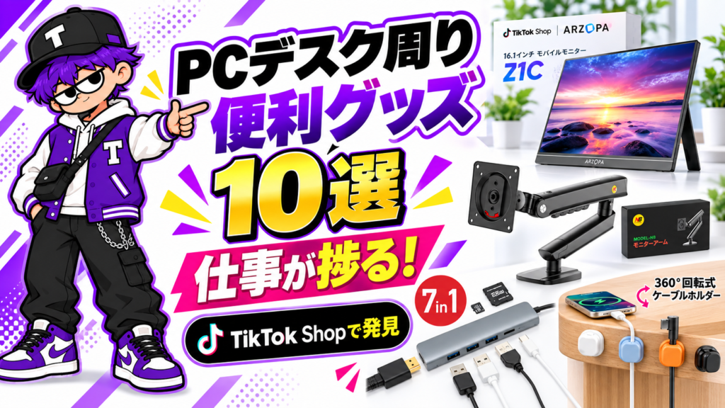 PCデスク周りの便利グッズ10選を紹介する男性マスコットとPCガジェットの画像