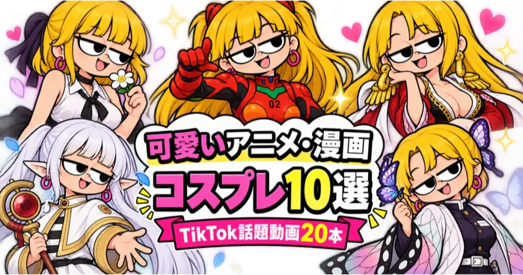 レゼ、アスカ、ハンコック、フリーレン、胡蝶しのぶ風のコスプレをしたブログマスコット