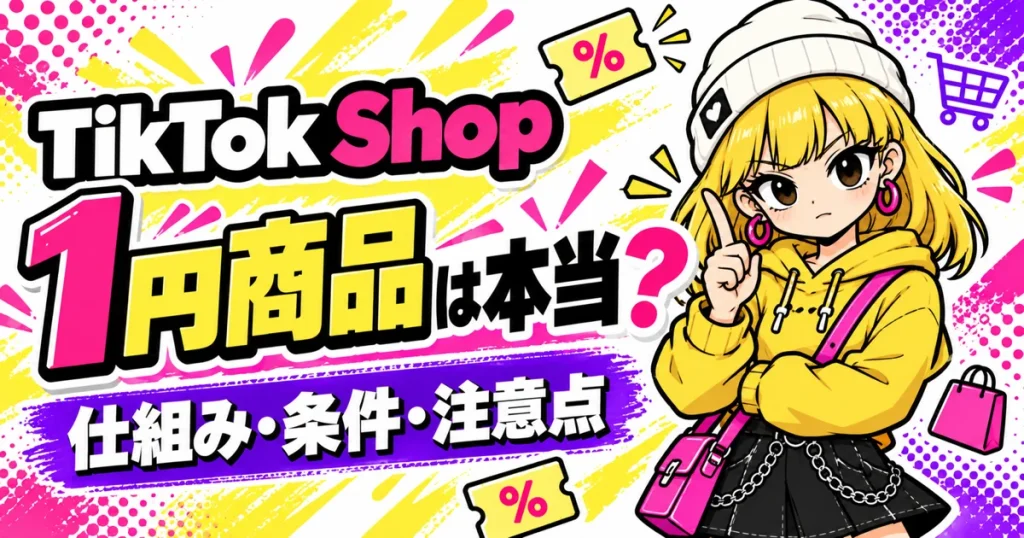 TikTok Shopの1円商品を解説する、注目ポーズの女性マスコット