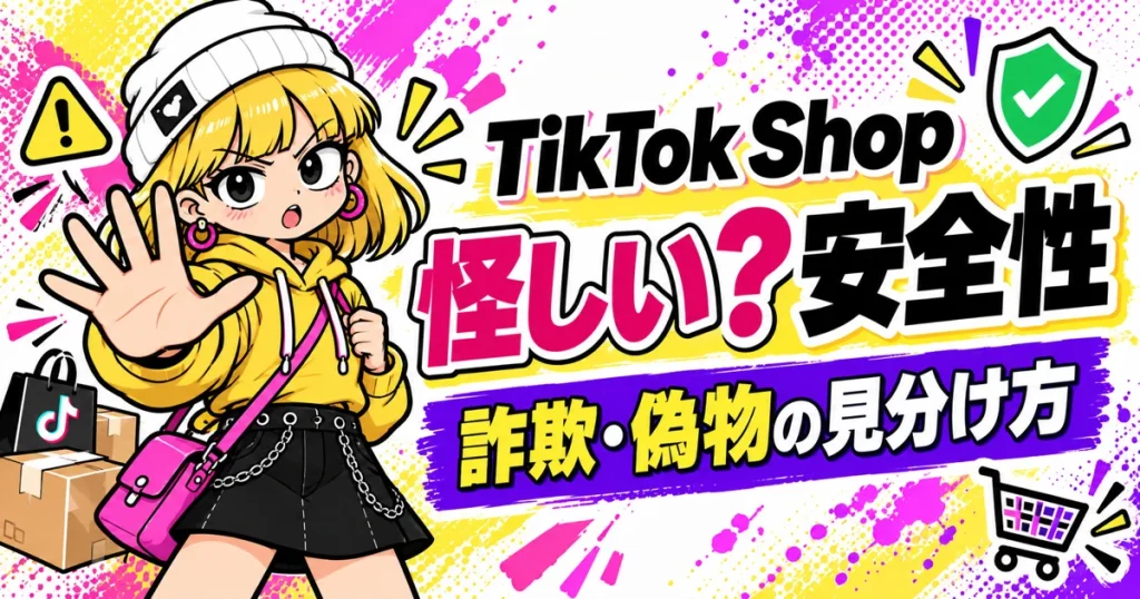 TikTok Shopの安全性を解説する、注意喚起ポーズの女性マスコット