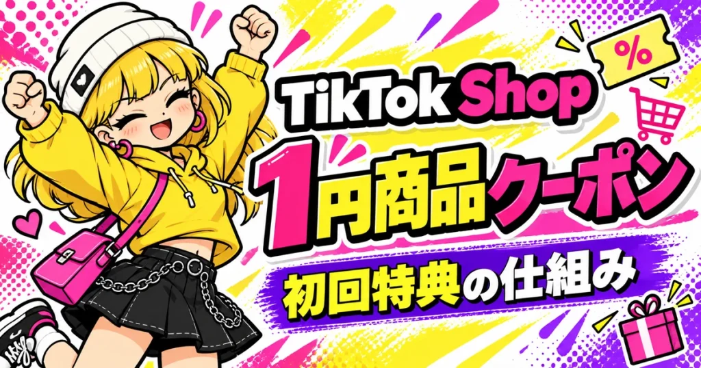 TikTok Shopの1円商品クーポンを解説する、喜ぶポーズの女性マスコット