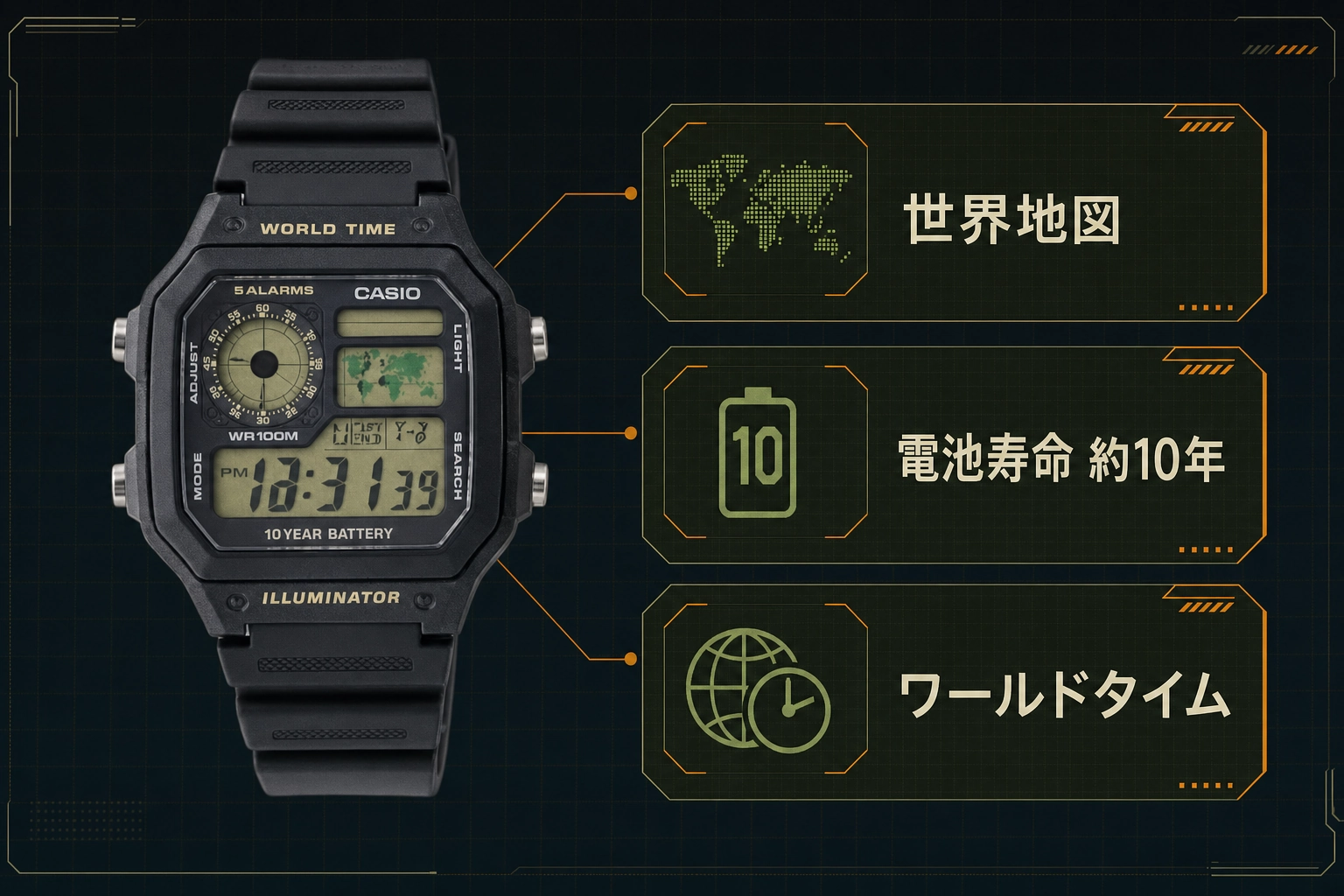 CASIO AE-1200の世界地図・約10年の電池寿命・ワールドタイム機能を示す商品図
