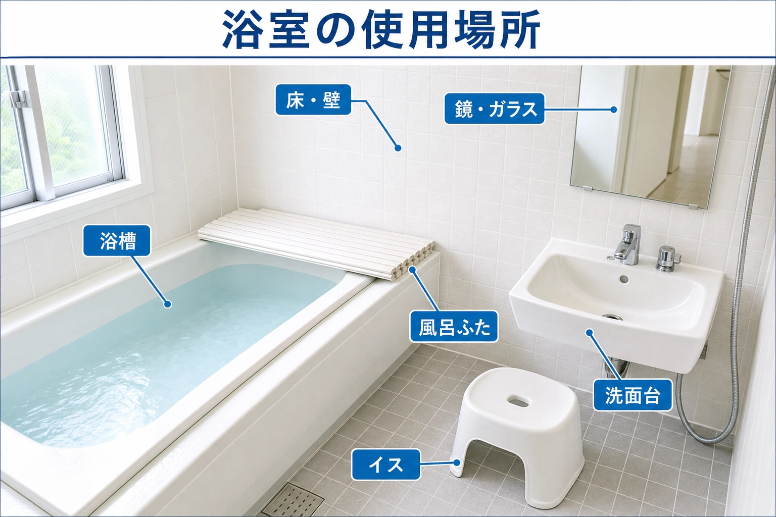 リンレイ ウルトラハードクリーナー バス用の使用場所を浴槽、床・壁、鏡・ガラス、洗面台、イス・風呂ふたに示した図