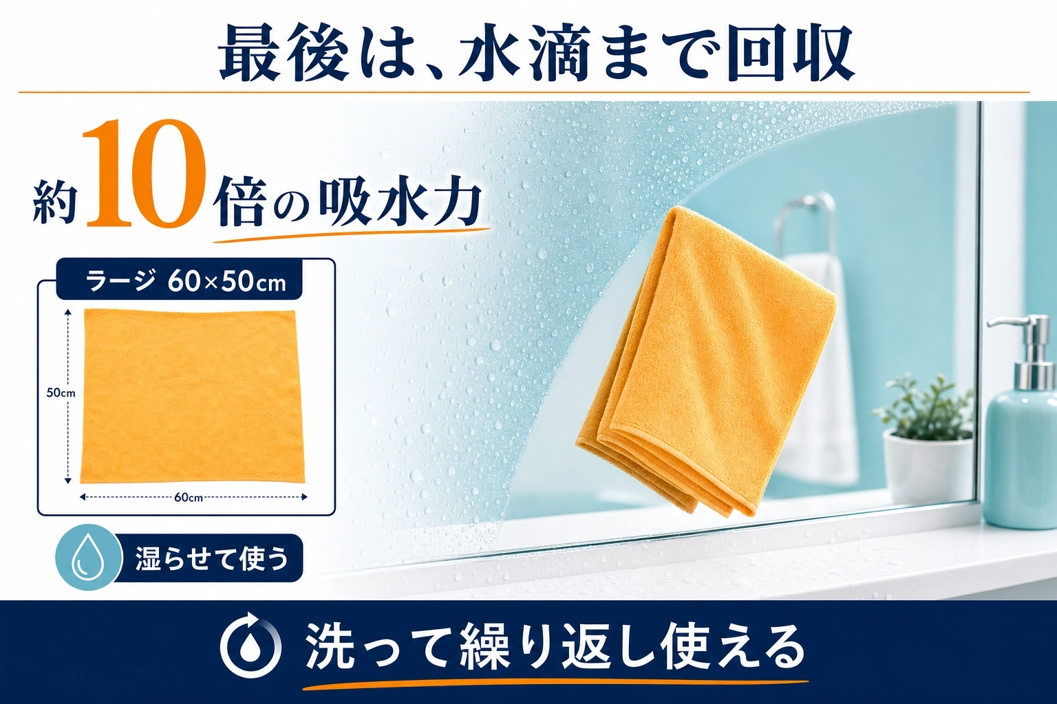 オレンジ色のShamWow大判クロスで鏡の水滴を拭く使用イメージと、約10倍の吸水力、60×50センチの寸法を示した図