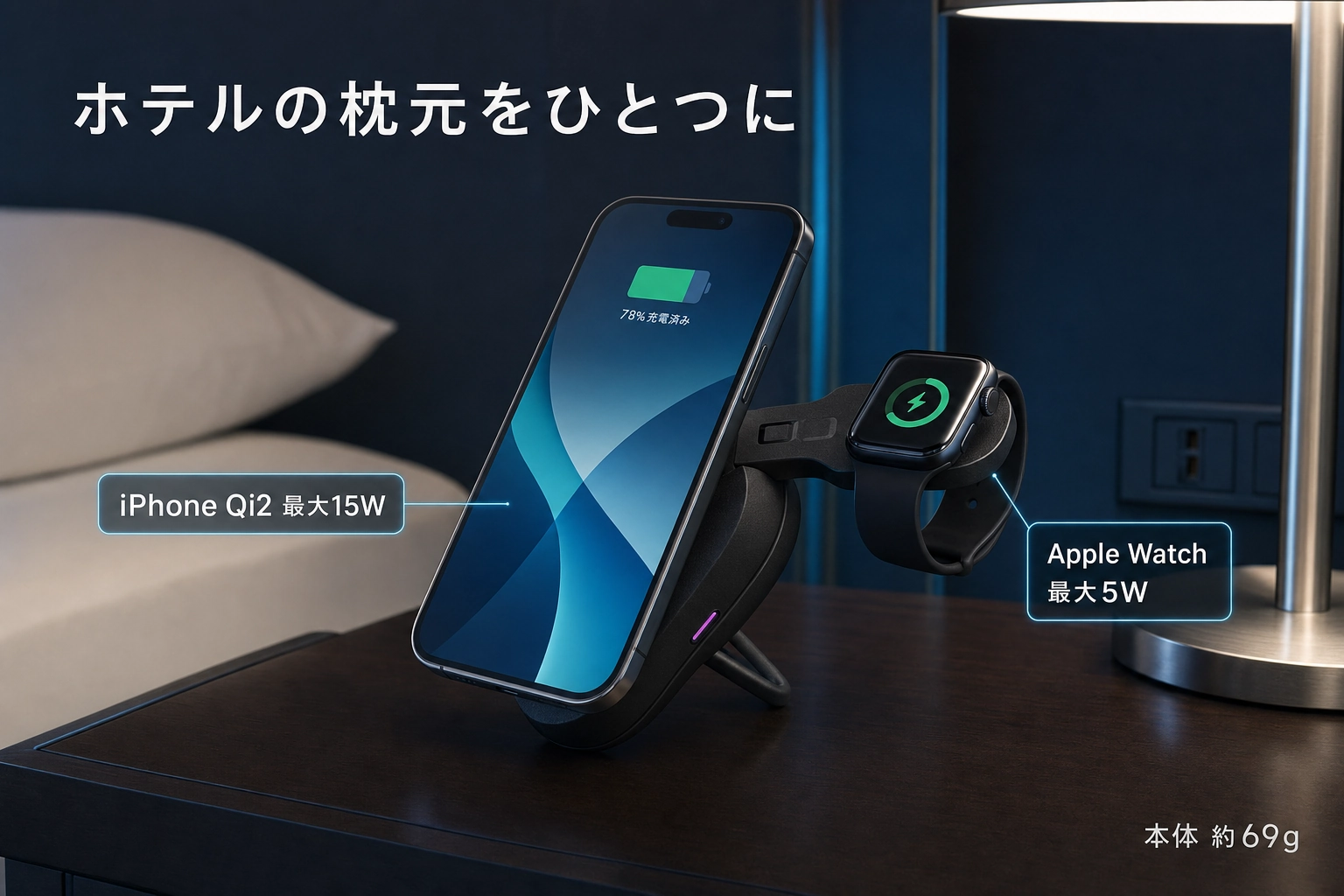 ホテルのベッドサイドでNovaWave 3Way+にiPhoneとApple Watchを載せて充電する様子