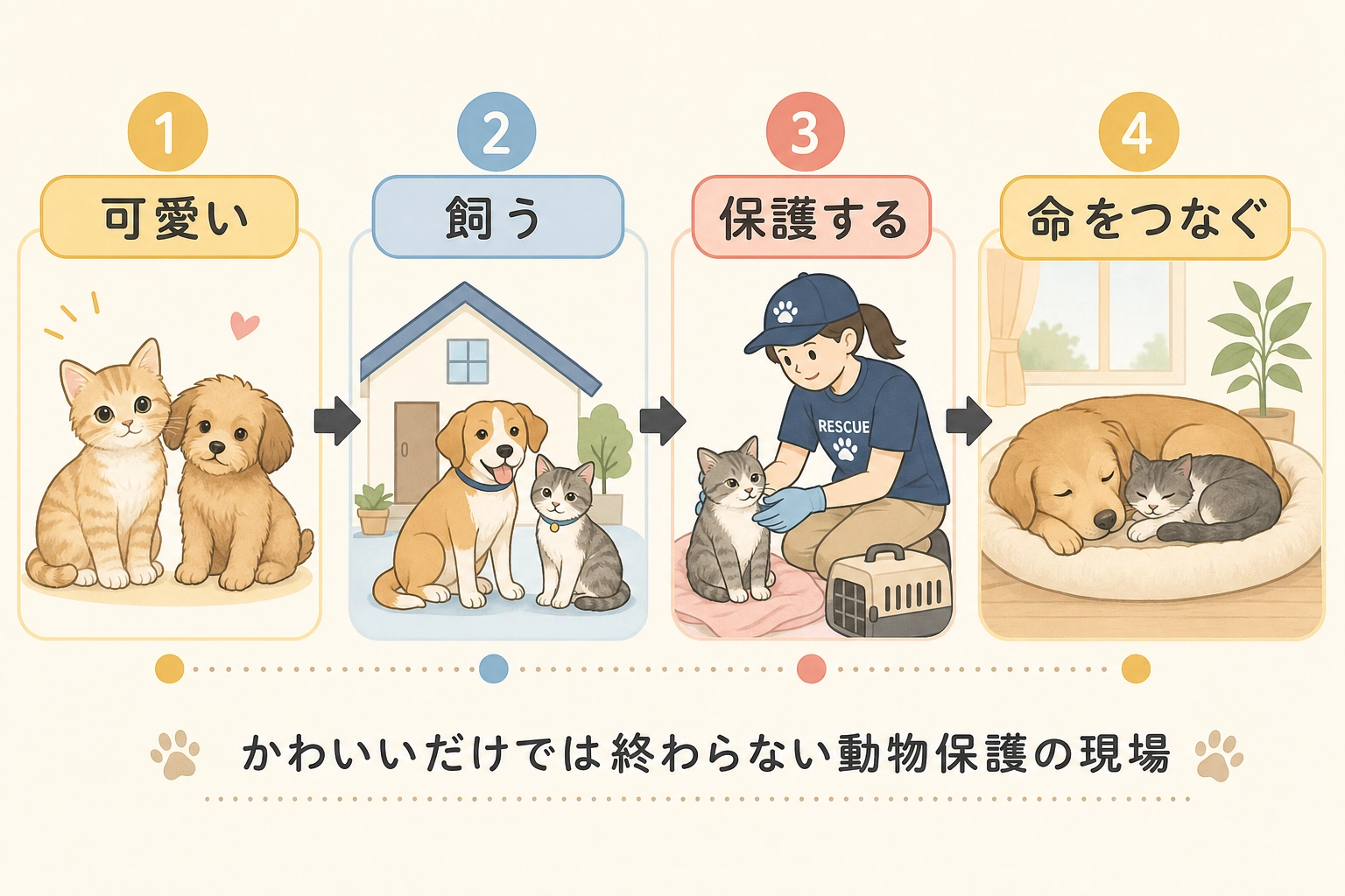 可愛い動物と暮らすことから保護活動へつながり、命をつなぐまでを表した図