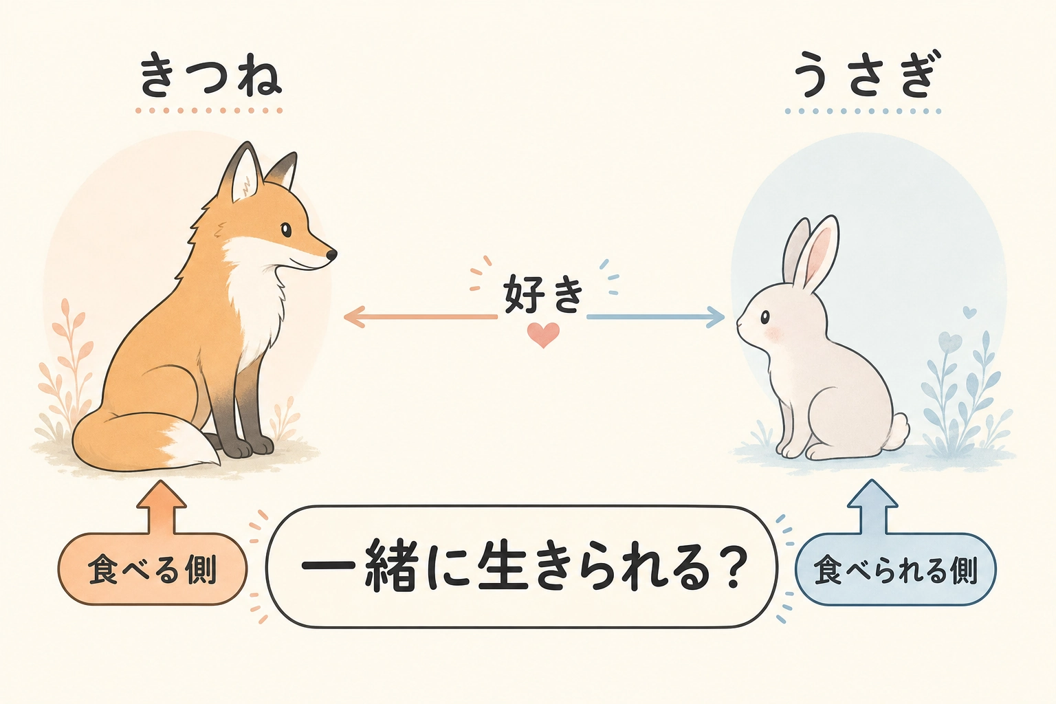 きつねは食べる側、うさぎは食べられる側、それでも好きという気持ちから一緒に生きられるかを問う関係図