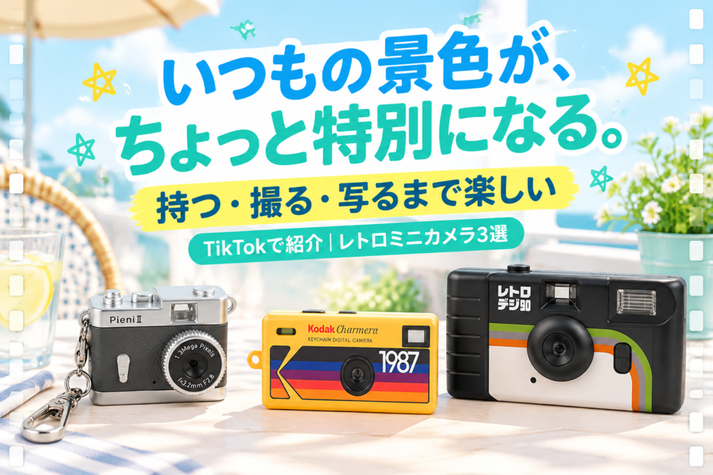明るい昼のカフェテーブルにKenko Pieni II、KODAK CHARMERA、Kenko レトロデジ90を大きく配置し「いつもの景色が、ちょっと特別になる。」と中央に掲げたレトロミニカメラ3選の画像
