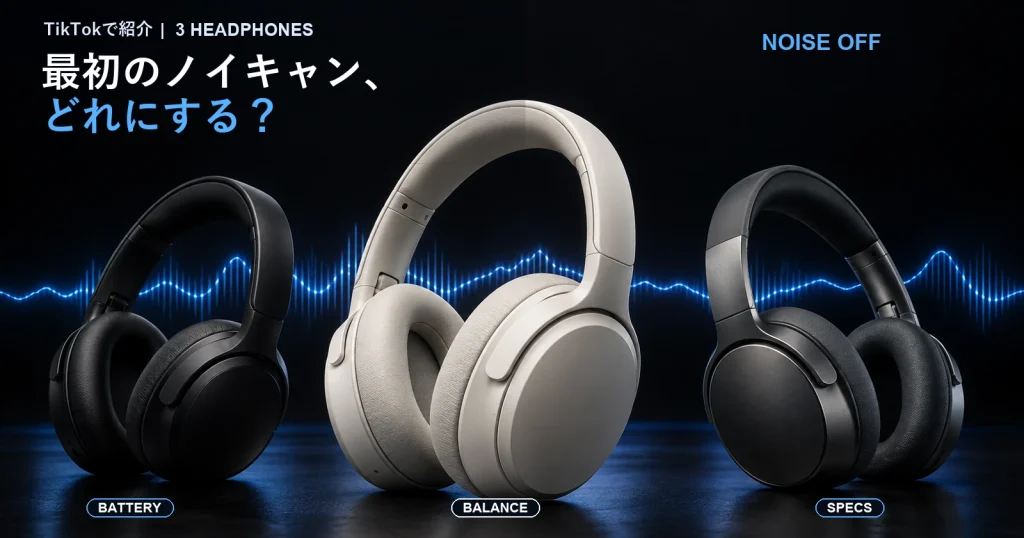 黒いスタジオにaudio-technica ATH-S300BT、Soundcore Space One、QCY H3Sをイメージした3台のノイズキャンセリングヘッドホンを並べ、「最初のノイキャン、どれにする?」と掲げた比較記事サムネイル