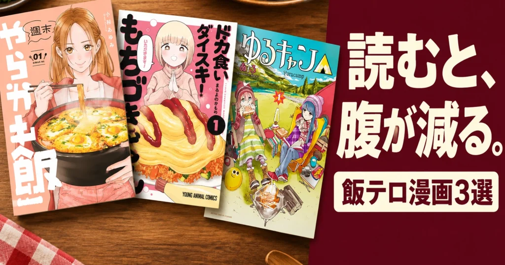 外部画像APIで編集した『週末やらかし飯』『ドカ食いダイスキ！もちづきさん』『ゆるキャン△』の表紙と『読むと、腹が減る。飯テロ漫画3選』の文字を大きく配置したサムネイル