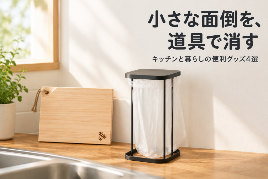 キッチンと暮らしの便利グッズ4選|山崎実業 ゴミ袋ホルダー・ちょこっとまな板・味付け玉子職人・ラブクロム