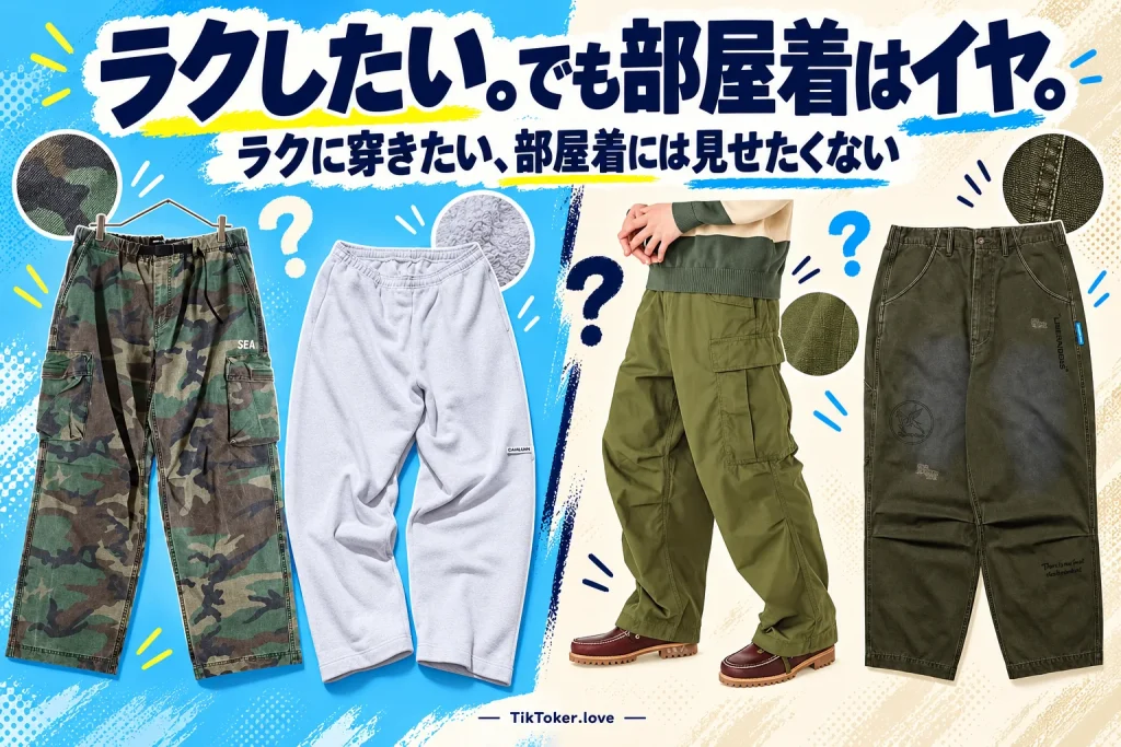 水色とクリームの背景に迷彩カーゴ、灰色スウェット、オリーブの着用カーゴ、プリント入りサルエルの4着。「ラクしたい。でも部屋着はイヤ。」の文字。