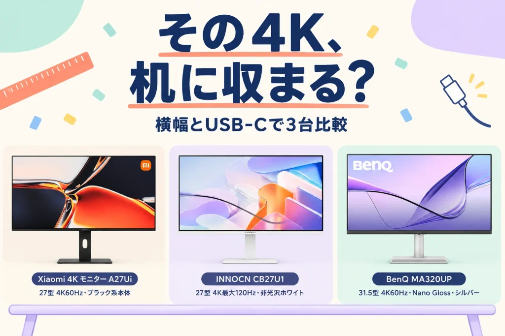 その4K、机に収まる?:Xiaomi 4K モニター A27Ui、INNOCN CB27U1、BenQ MA320UP