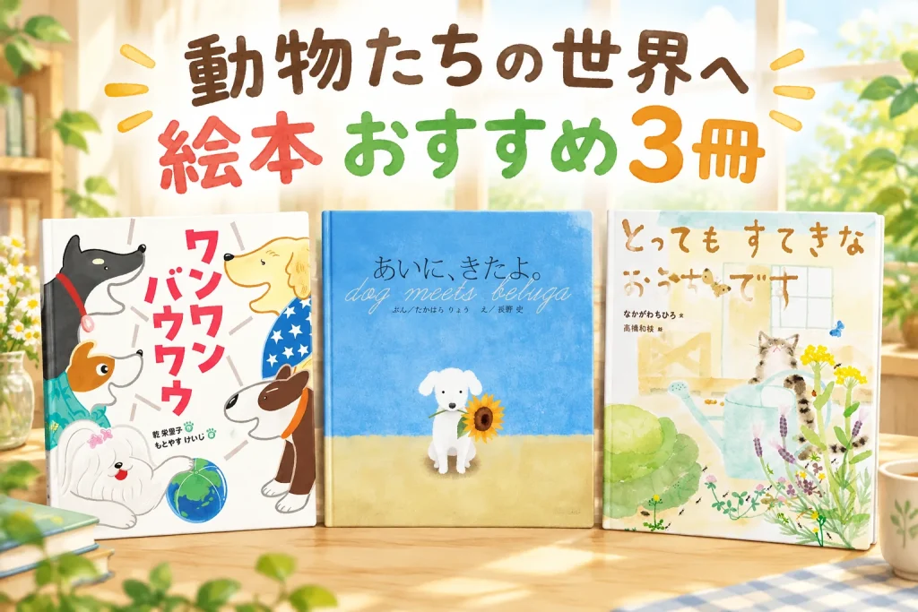 犬が集まる白い表紙、青地と白い犬の表紙、庭と猫を描いた表紙を正面から大きく並べる。明るい窓辺の読書空間。