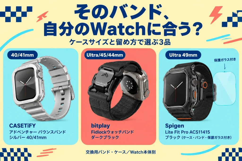 CASETiFY、bitplay、SpigenのApple Watchバンド3品と対応サイズの表示