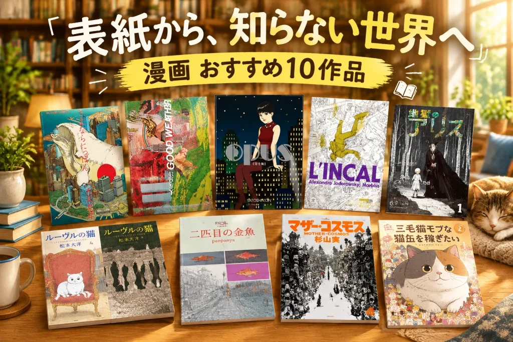 正面の漫画表紙を大きく並べた明るい読書コーナー。街の線描・猫・幻想的な人物のカバーの多様さ。