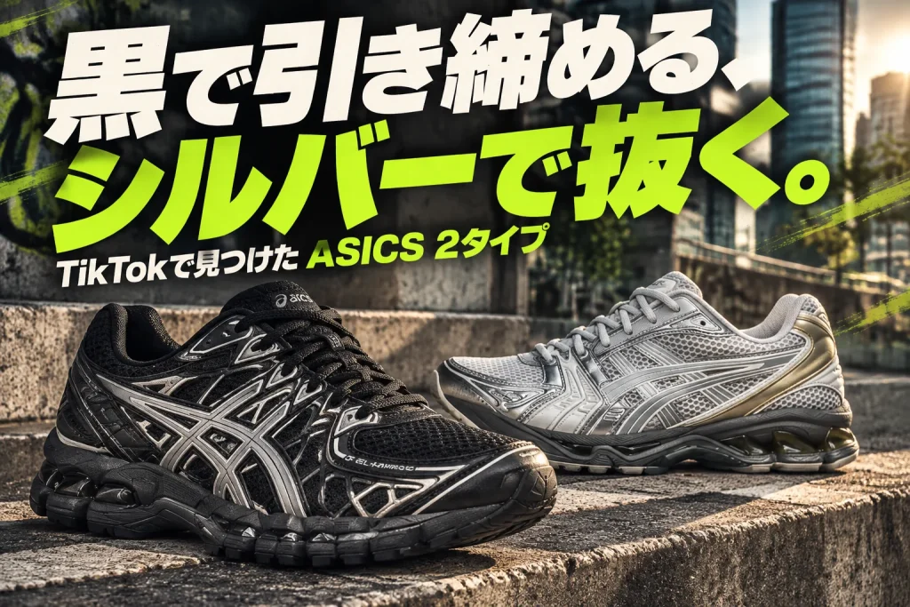 黒いGEL-KAYANO 20とシルバーのGEL-KAYANO 14を街のコンクリート階段に大きく配置。巨大な白・ライム色の日本語コピーで黒とシルバーの足元の違いを見せる。