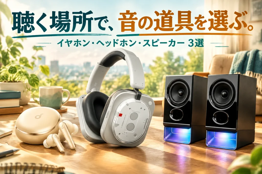 イヤホン・透明なイヤーカップのヘッドホン・小型スピーカーが並ぶ、音楽のある暮らしのイメージ。
