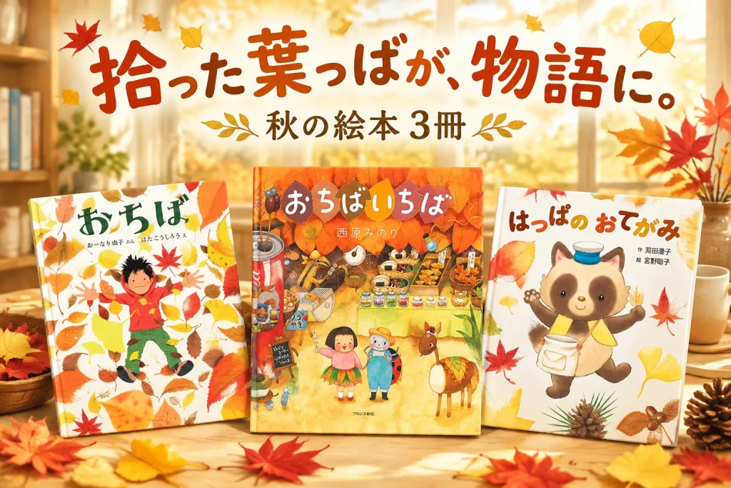 紅葉の窓辺に秋の絵本が並ぶ、あたたかな親子の読書時間をイメージした画像。