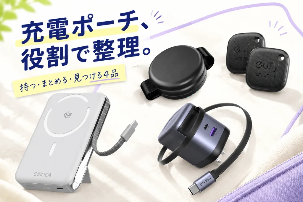 バッグの中、充電器でいっぱい。充電と忘れ物を分ける4品の紹介イメージ