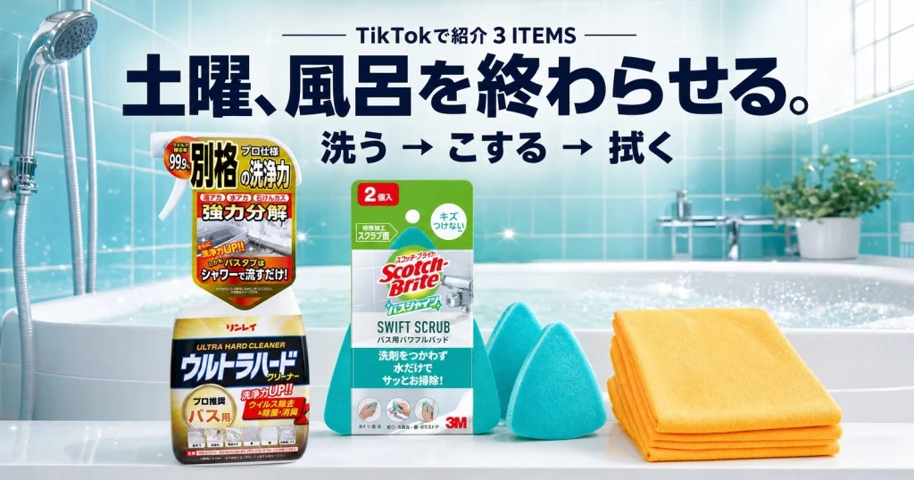 リンレイの浴室用洗剤、3Mの薄型バス用パッド、オレンジのShamWowを並べ、土曜朝の風呂掃除を洗う・こする・拭くの3工程で表した画像