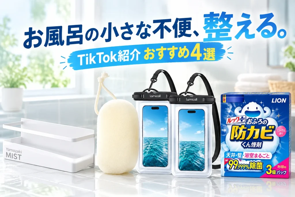 明るく清潔な浴室の小物。白いマグネットラック、白いボディスポンジ、透明なスマホ防水ケース、フローラルの防カビくん煙剤パッケージを大きく、淡い石材と自然光で表現する。
