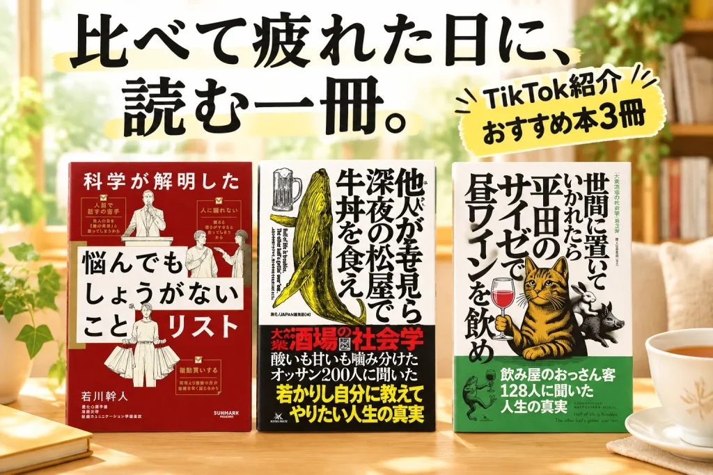 明るい読書コーナーに三冊の表紙が大きく並ぶ。スマホから少し離れ、暮らしの速度を取り戻す静かな午後のイメージ。