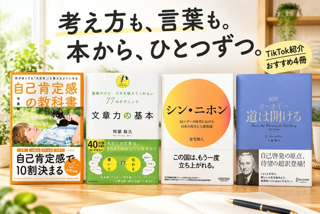 明るい静かな書斎、4冊の正面書影を巨大に。白緑の文章力、オレンジの自己肯定感、オレンジ円のシンニホン、青紫のカーネギーを区別。