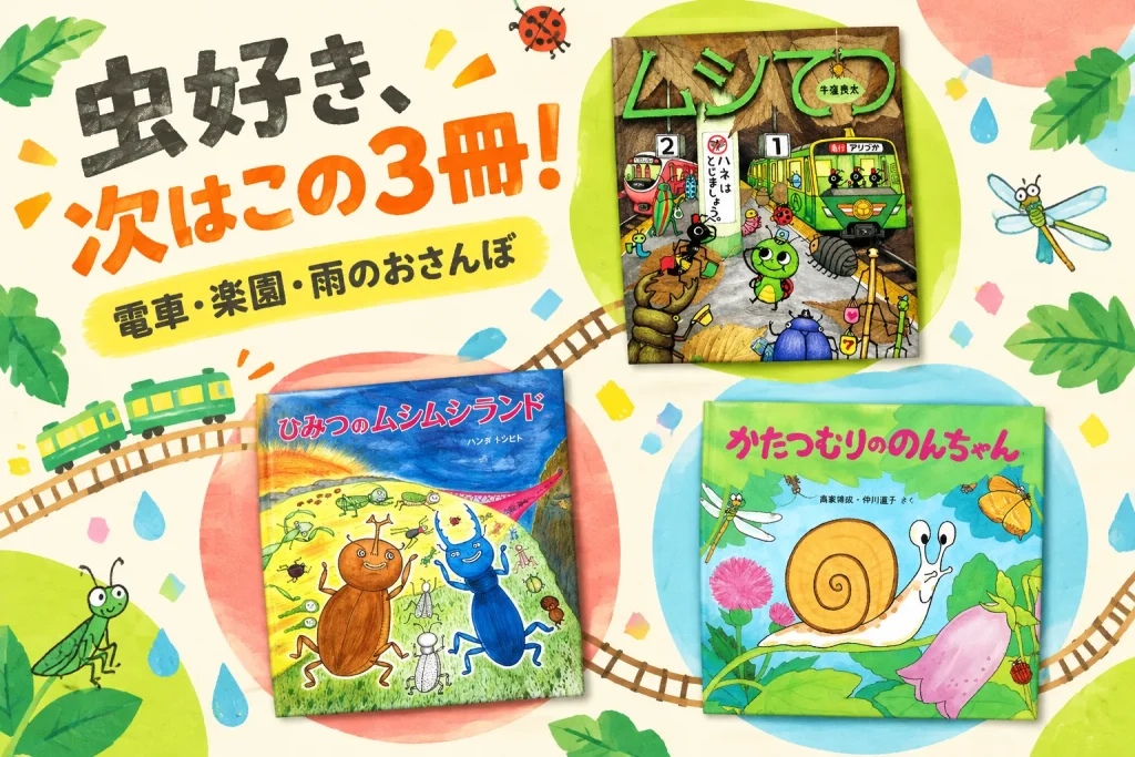 ムシてつ、ひみつのムシムシランド、かたつむりののんちゃんの書影と、虫好きの子へ贈る絵本3冊のコピー。