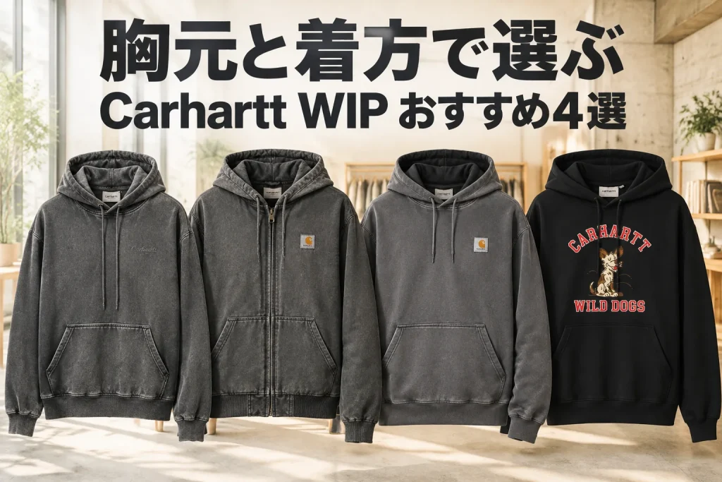 明るいコンクリート壁と木のハンガーラック。グレー系Benton、灰黒Vistaのジップとプルオーバー、黒WildDogの4着を全て正面・大きく。