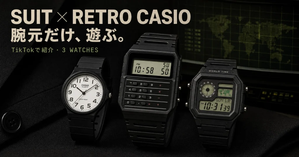 黒いスーツ生地を背景にCASIO MQ-24、CA-53W、AE-1200を並べ、中央のCA-53Wを大きく見せたレトロ腕時計3選のアイキャッチ