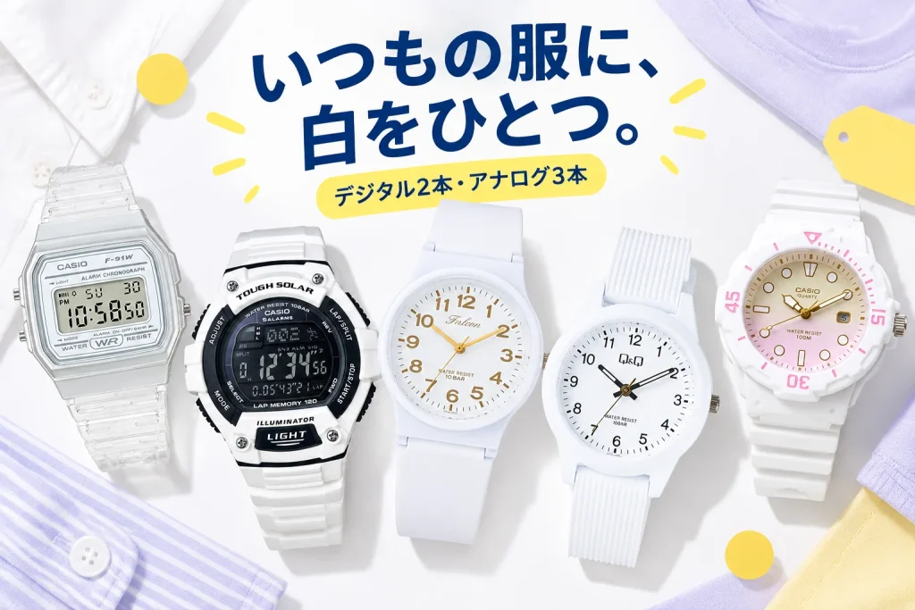 白い腕時計を、今日の服に。CASIO・Q&Qのデジタルとアナログ5本の紹介イメージ