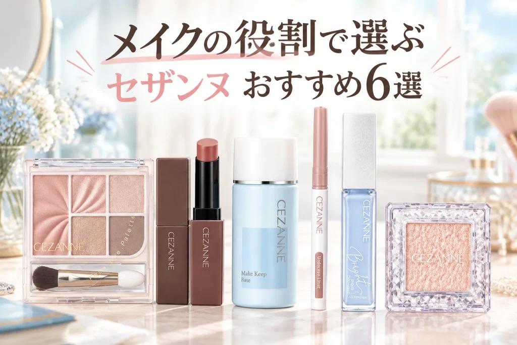 セザンヌ6製品をすべて正面から大きく。淡いベージュとブルーの明るいドレッサー、柔らかな自然光。