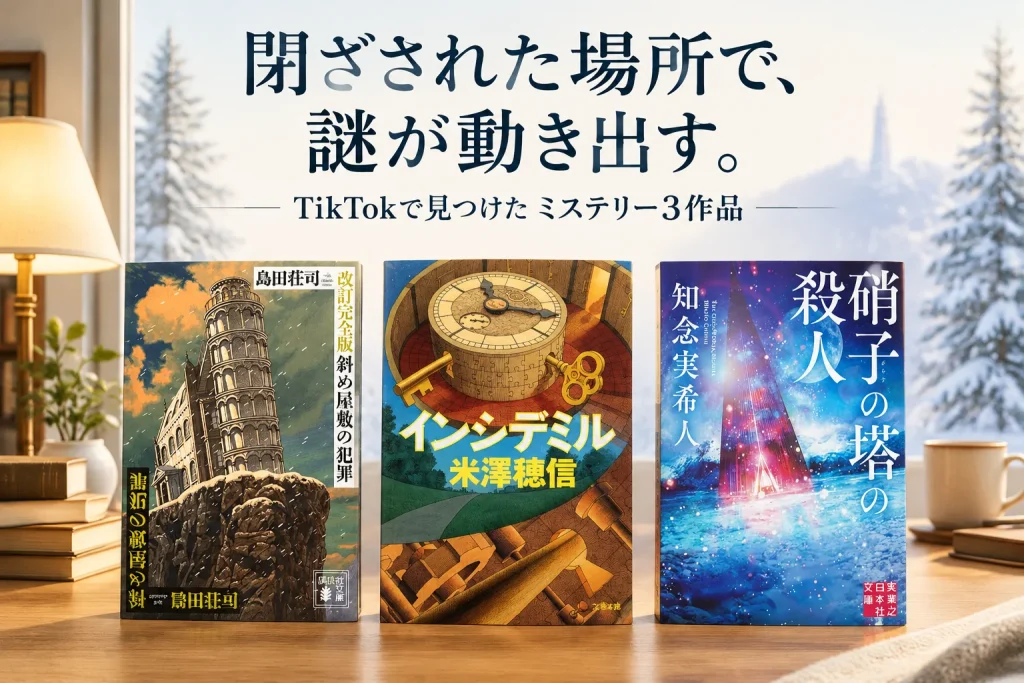 明るい読書机に正面の書影3冊が大きく並び、窓の外には雪と遠い塔を感じる記事イメージ。