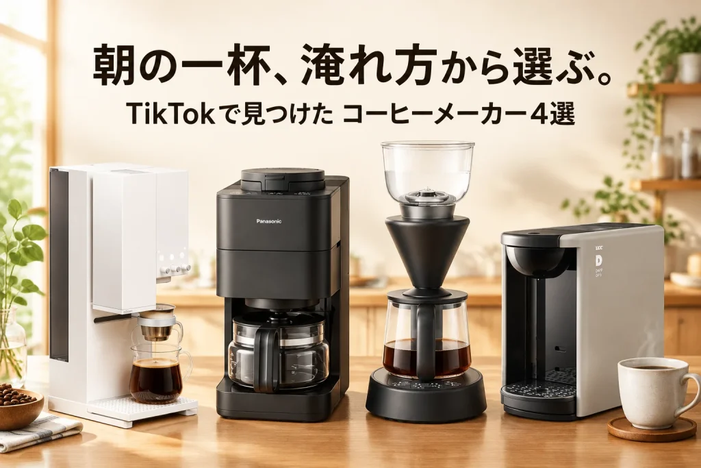 窓辺の明るいコーヒーカウンターに、構造の異なるコーヒーメーカー4台を大きく見せた記事イメージ。