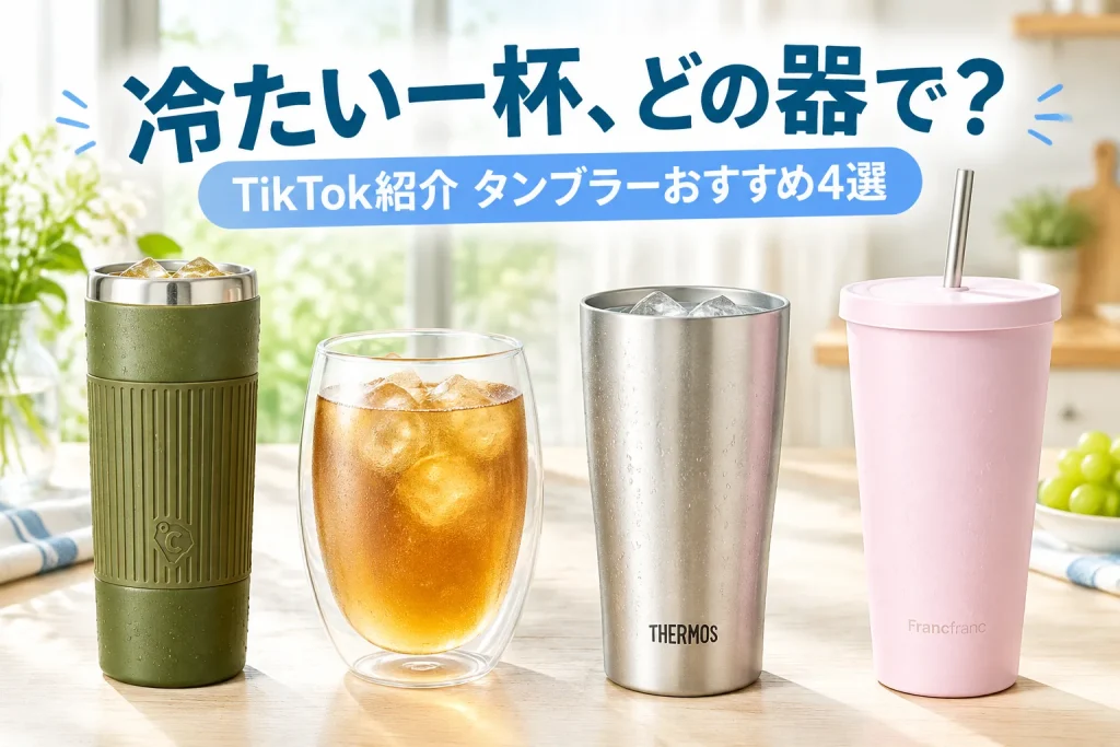 オリーブ色の冷却タンブラー、丸い透明グラス、銀色の真空断熱タンブラー、ピンクのストロー付きタンブラーが並ぶ明るいティータイム。