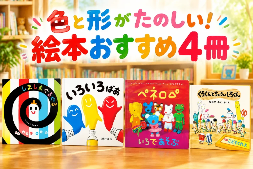 陽の当たる読書テーブルに4冊の正面表紙を巨大に。鮮やかな色と丸い木のおもちゃ、明るい本棚。