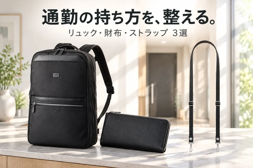 薄型の黒い通勤リュック、L字ファスナーの革財布、黒いスマホストラップが玄関の明るい台に並ぶイメージ。