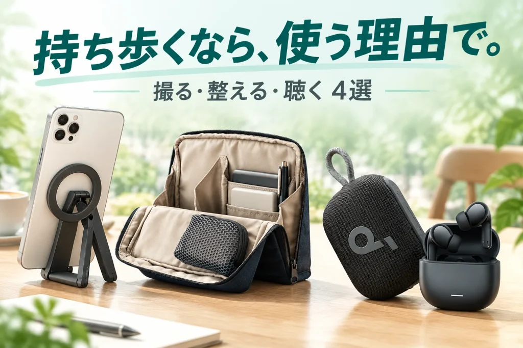明るい窓辺のテーブルに薄型スマホ三脚、スタンドポーチ、小型スピーカーとイヤホンが並ぶ。軽やかな外出のイメージ。
