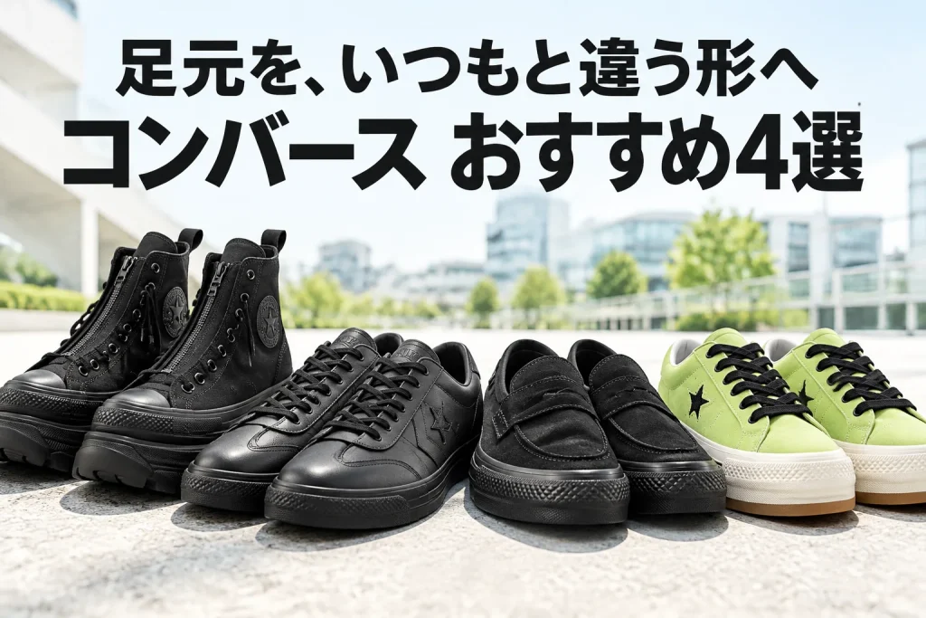 全黒のセンタージップハイカット、全黒ロードクラシック、全黒CXPローファー、ライトグリーンのボーダースター。各モデルのつま先と甲が分かる正面寄り全景、明るい都市背景。