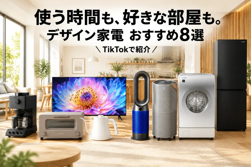 コーヒーメーカーやトースター、ケトル、空気清浄機などを、明るい部屋に大きく見せる家電のイメージ。キッチンとリビングで使う場面を感じさせる。