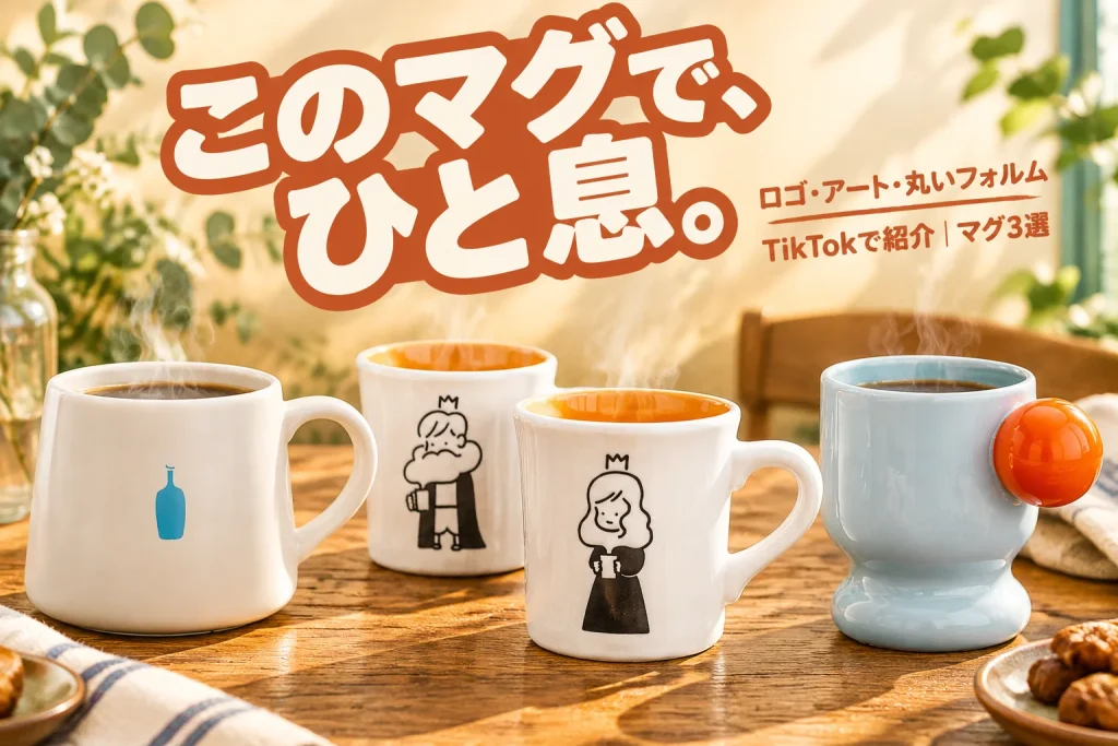 朝の光が差す温かなカフェ風のテーブルに、清澄マグ・COFFEE BOYのペアマグ・SAHIRのボール付きマグを大きく並べる。太い日本語で「このマグで、ひと息。」を配置。