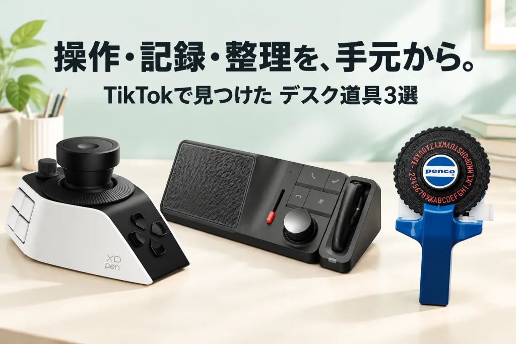 白黒の左手デバイス、黒の録音ドック、ネイビーの手動ラベルメーカーを大きく配置した、明るいデスクのイメージ。